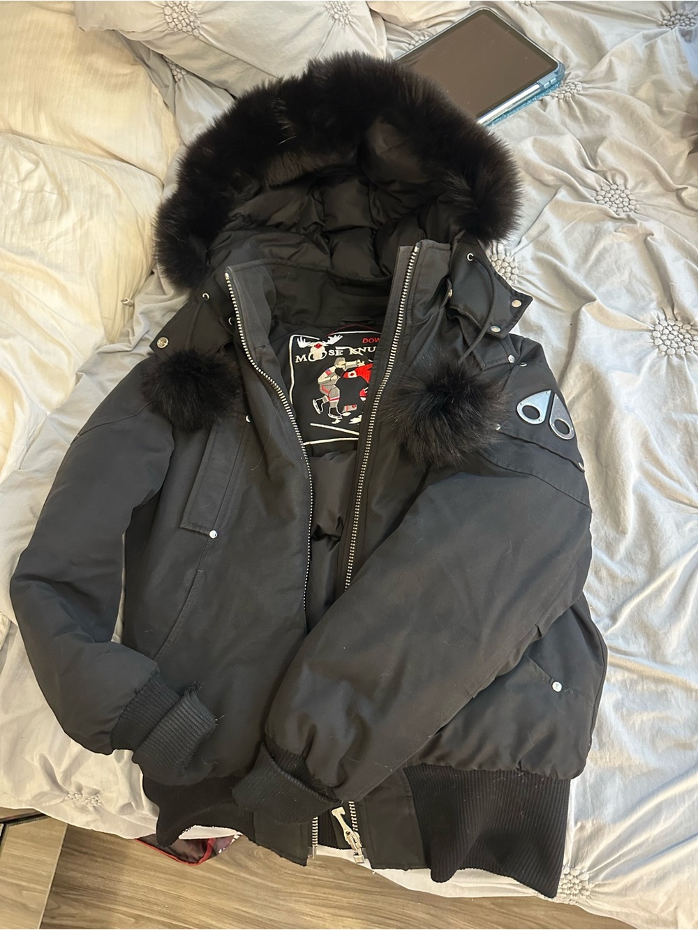 Moose Knuckles Women's Black Bomber Jacket with Fur Trim